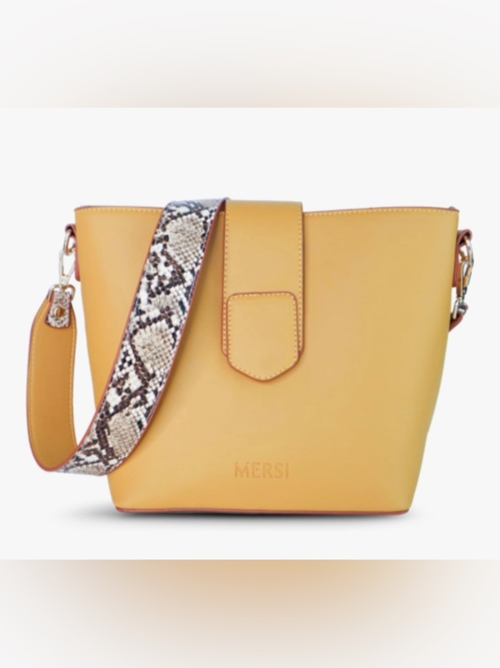 Mersi Isabel Bucket Bag Vegan Leather Removable Strap Top Handle Yellow Gold